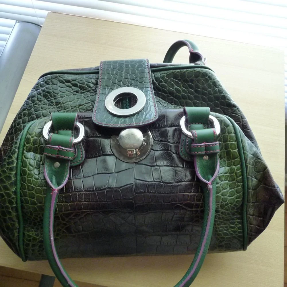 Green Croc-Texture Satchel with Silver Accent